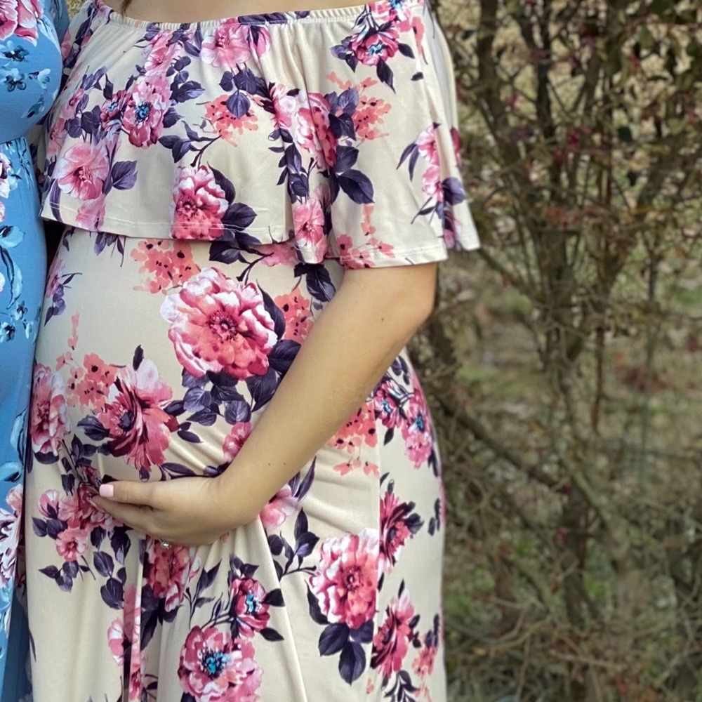 Floor length off the shoulder maternity floral dress